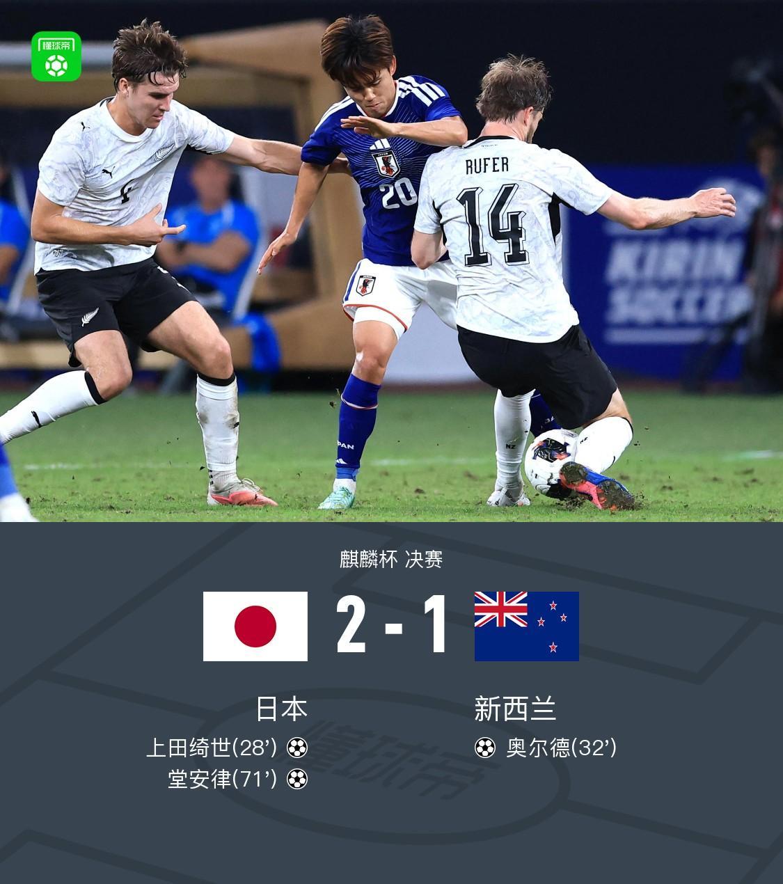 日本2-1新西兰夺麒麟杯冠军，上田绮世、堂安律破门